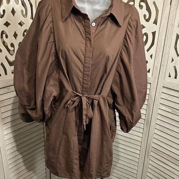Size M Reminiscene Brown Puffy Sleeve Tie Waist Shirt Dress - Picture 1 of 16